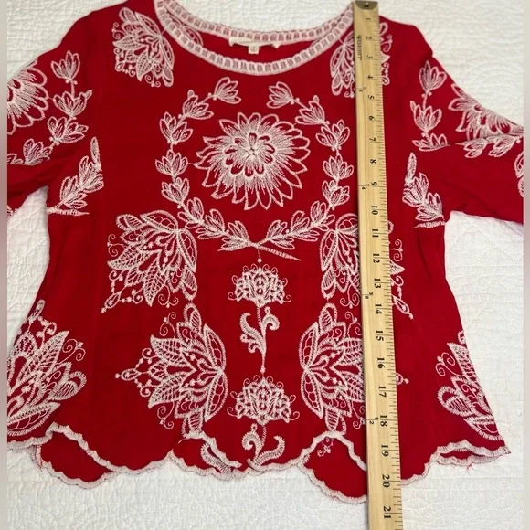 Anthropologie Solitaire -Red/White Embroidery 3/4 Length Sleeve. Bohemian. Small - Picture 5 of 8